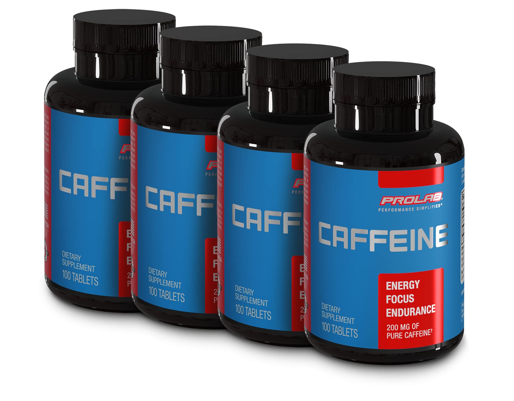 ProLab Caffeine Tablets bottle shows a 200 mg dose for focused energy.