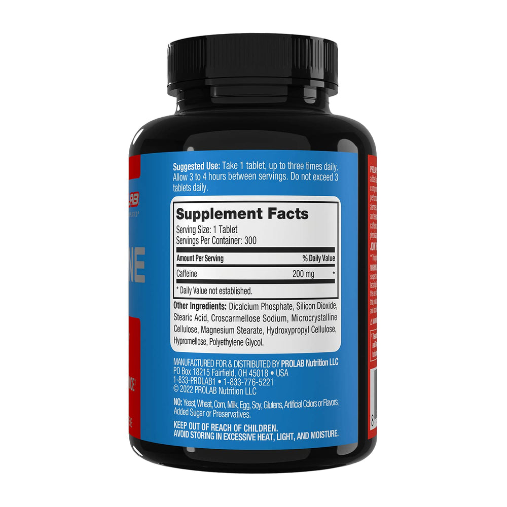 ProLab caffeine tablets label detail shows dosage and benefits
