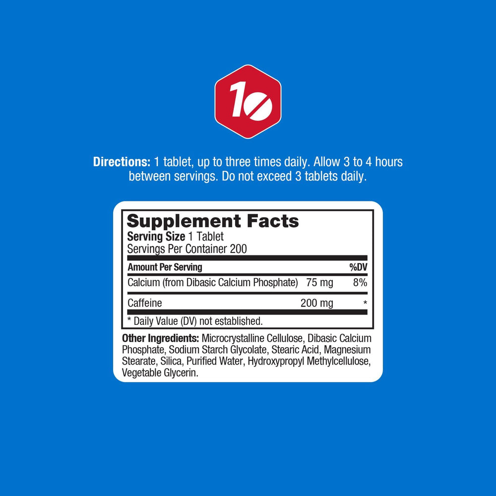 ProLab caffeine tablets close-up showing 200mg dose for focus