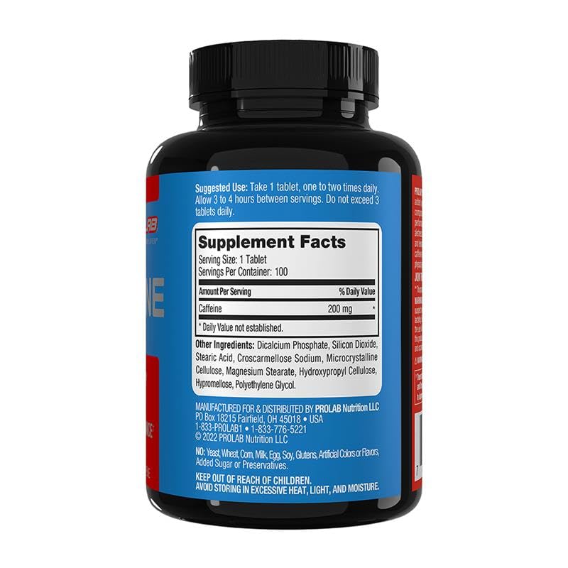 Close-up of ProLab caffeine tablets highlighting pill details for energy.