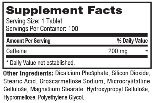 ProLab Caffeine Tablets dosage card shows 200 mg per tablet.