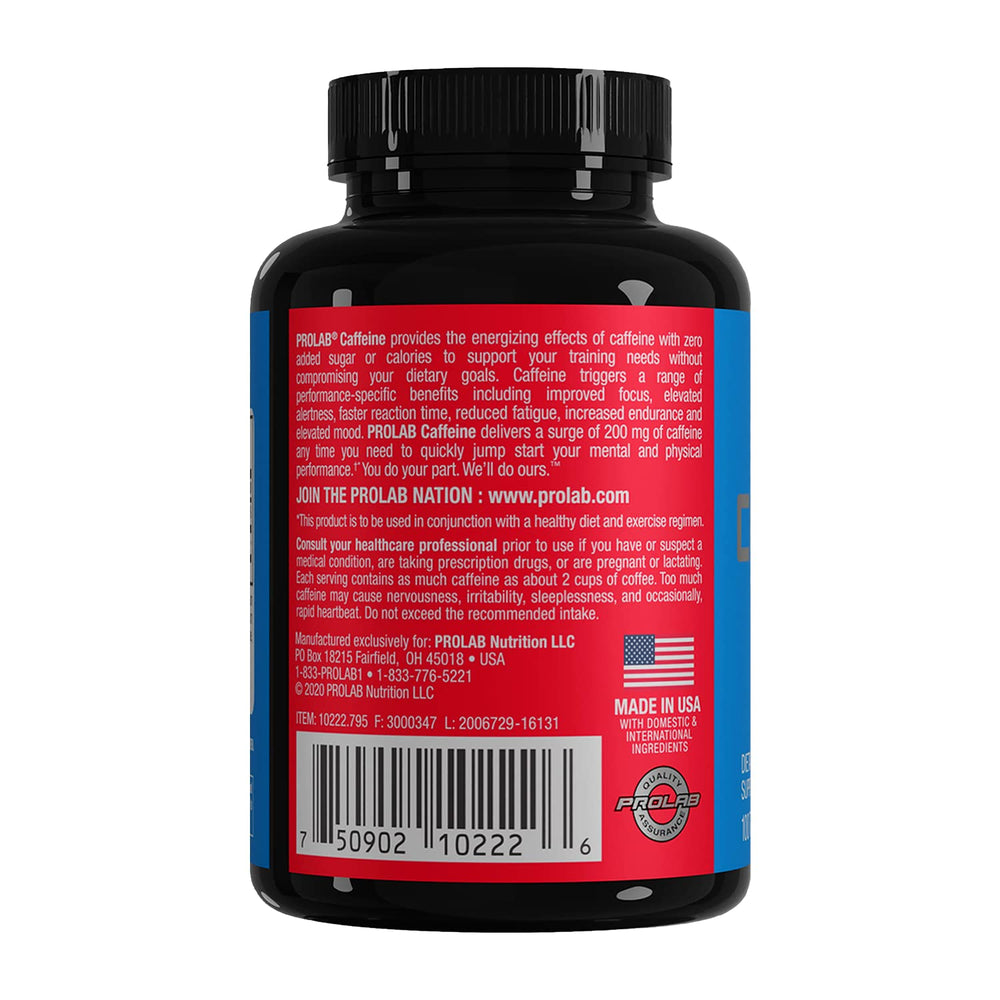 ProLab caffeine tablets four-pack packaging emphasizing value and portability.