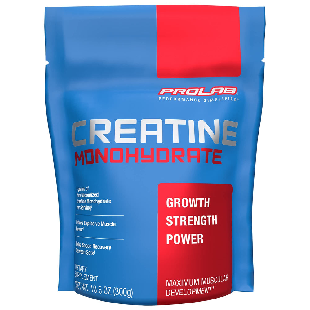 ProLab Creatine Monohydrate bottle shows purity and fast absorption for intense workouts