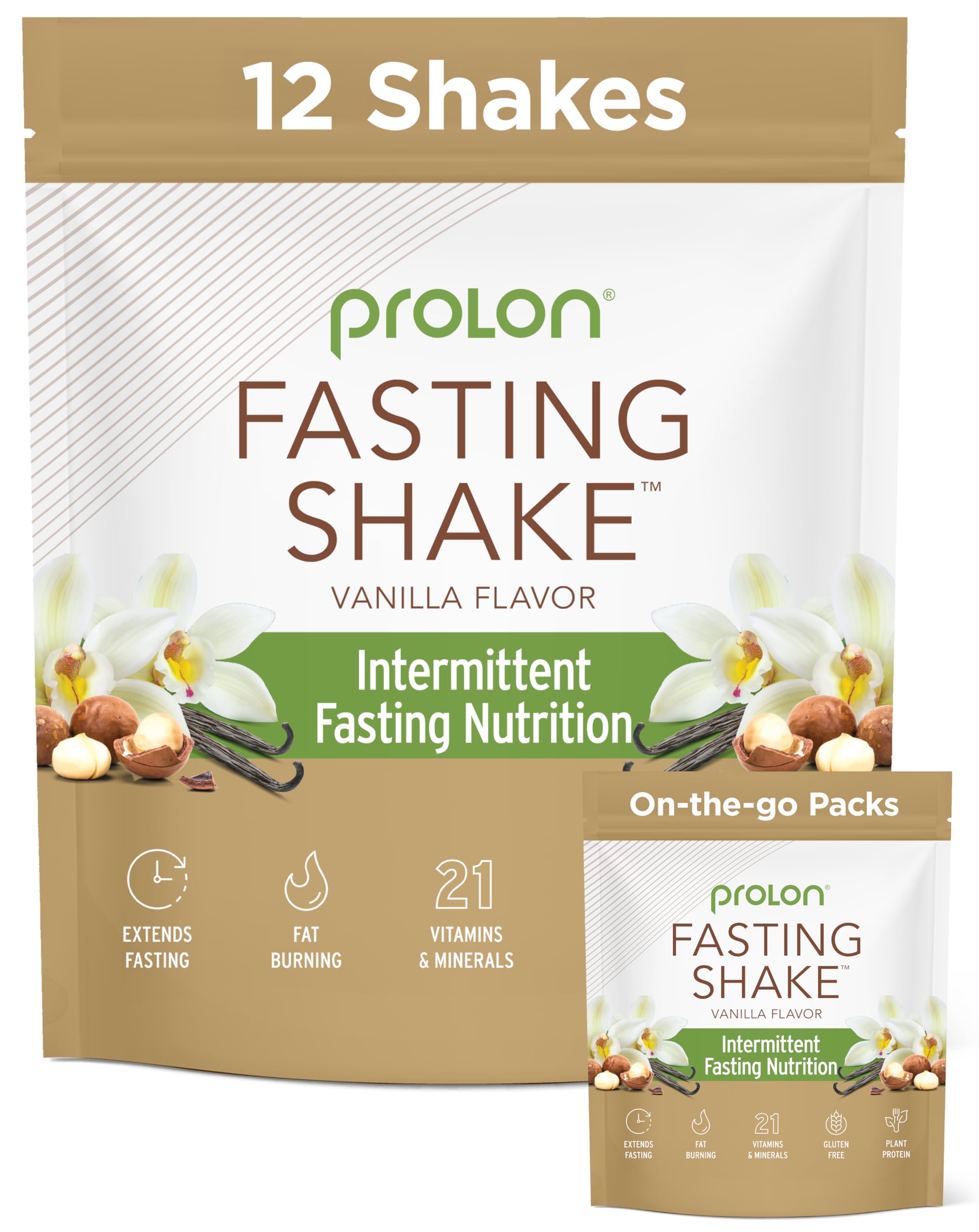 Prolon vanilla drink mix sachet supports morning fasting routine with plant-based nutrition.