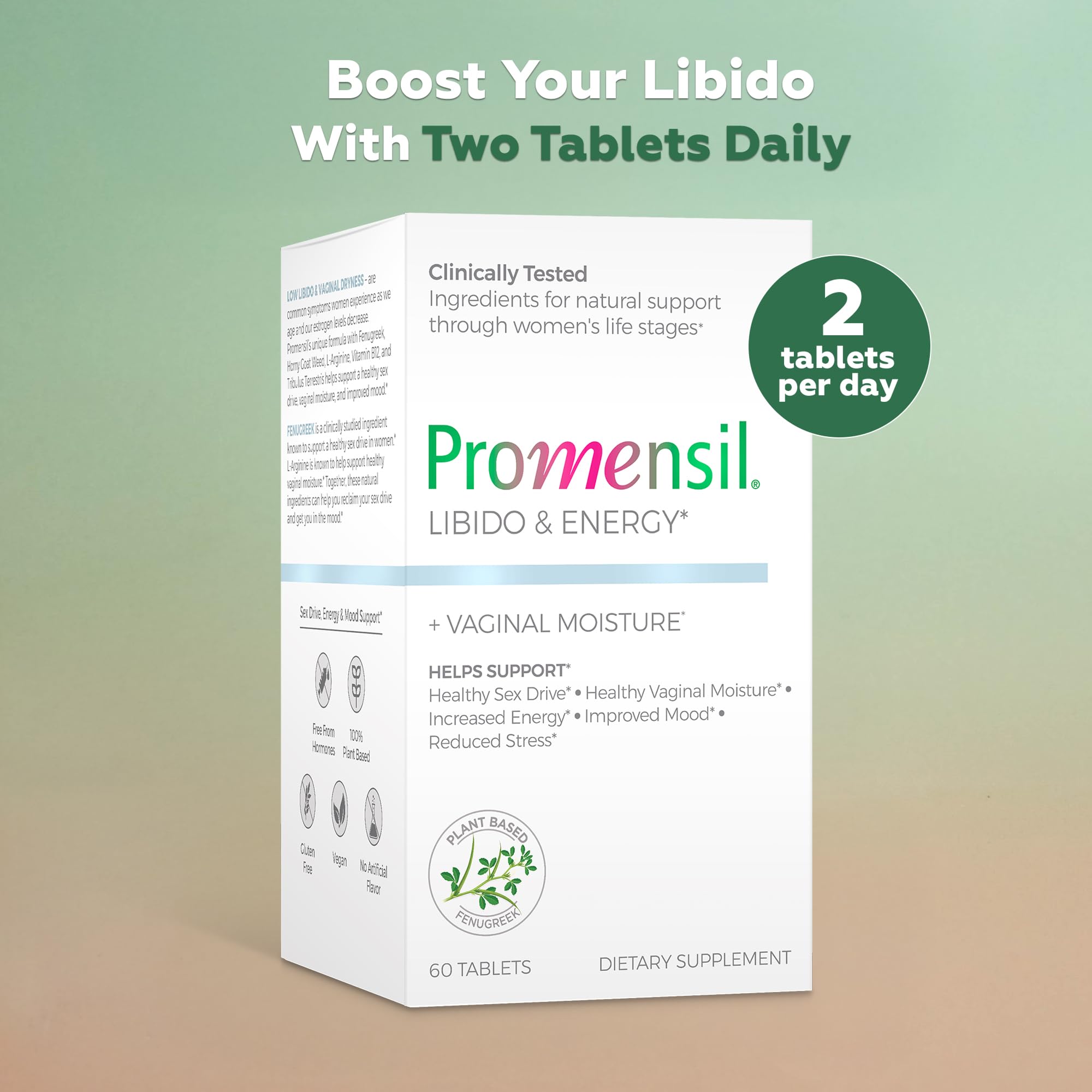 Close-up of Promensil Libido & Energy tablets supporting menopausal vitality.