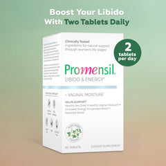 Close-up of Promensil Libido & Energy tablets supporting menopausal vitality.
