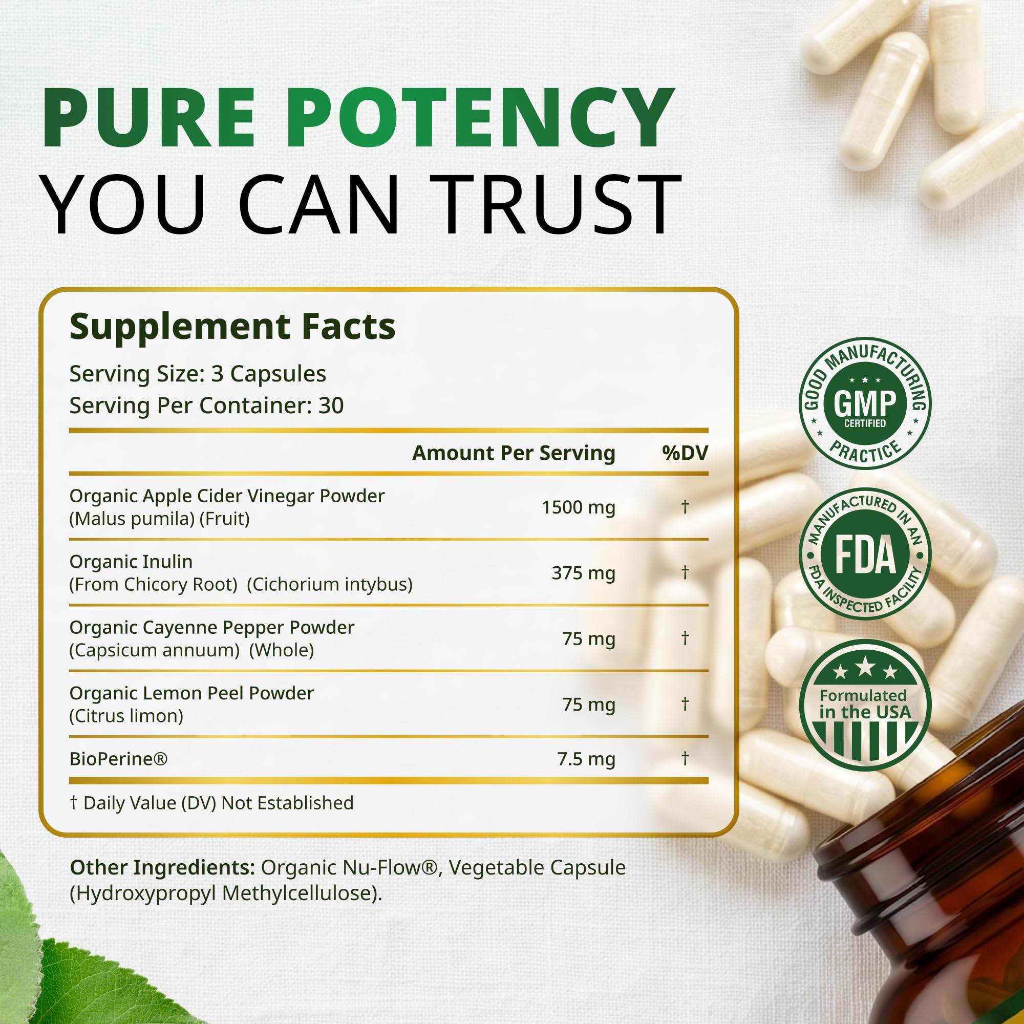 Promethean Wellness ACV Pro ingredients panel featuring ginger and cayenne.