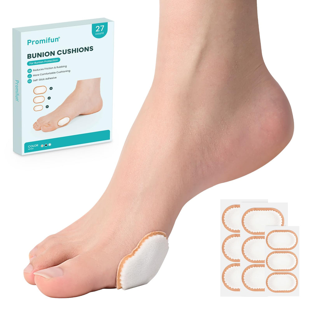 Promifun bunion pads with foam center offer discreet cushioning for bunions during daily wear.