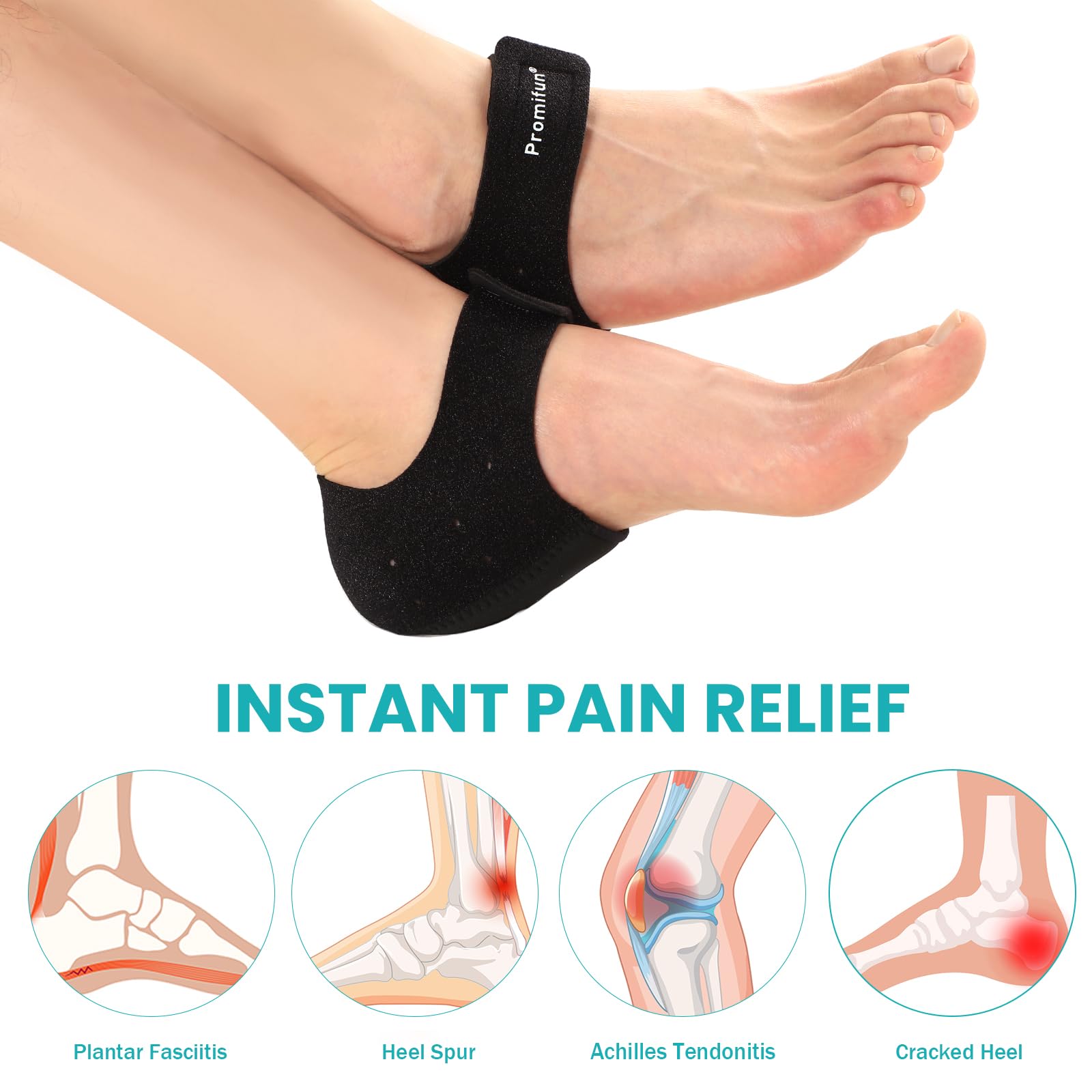 Promifun heel cup gel pad absorbing shock during daily walking.