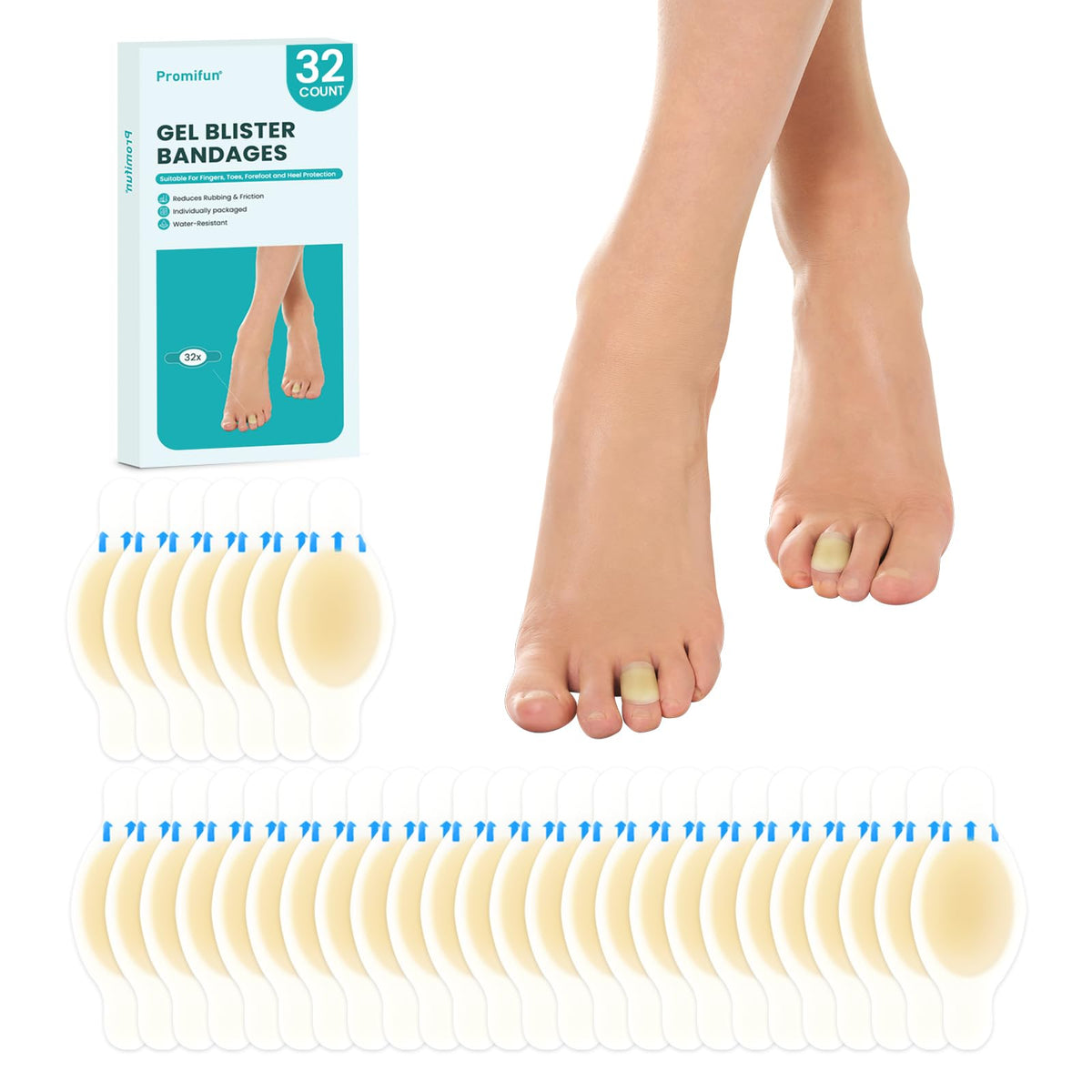 Promifun hydrocolloid blister bandages protect the heel from friction and moisture.