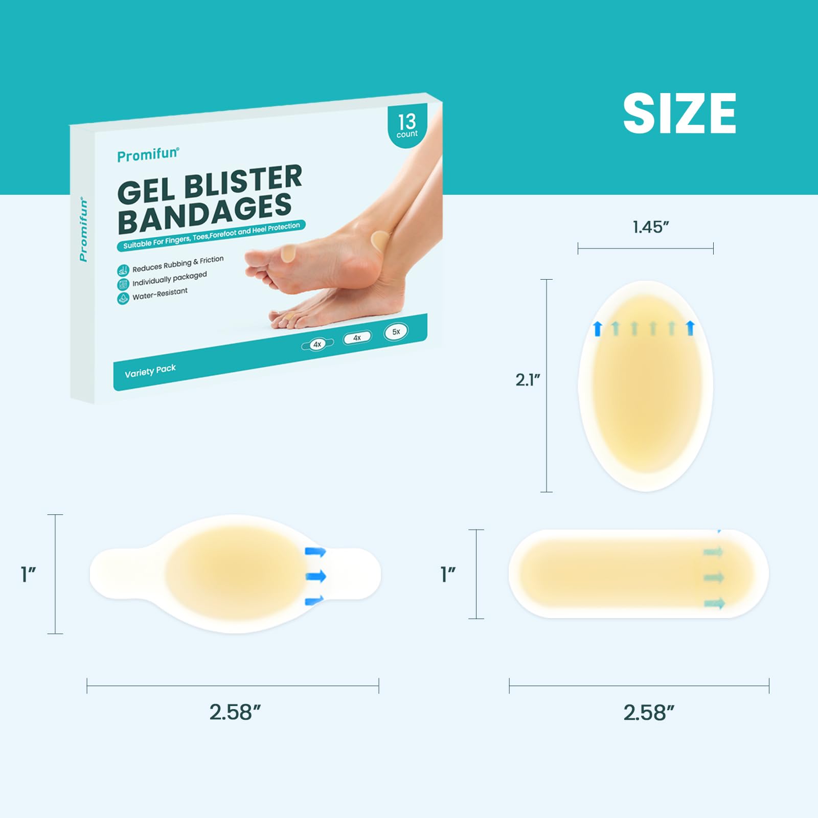 Four shapes and sizes from Promifun fit heel, toe, foot, and fingers