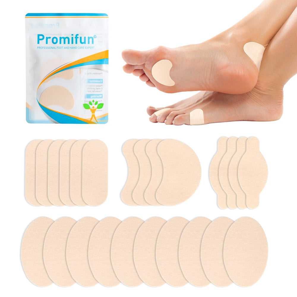 Promifun moleskin pads on feet for blister prevention.
