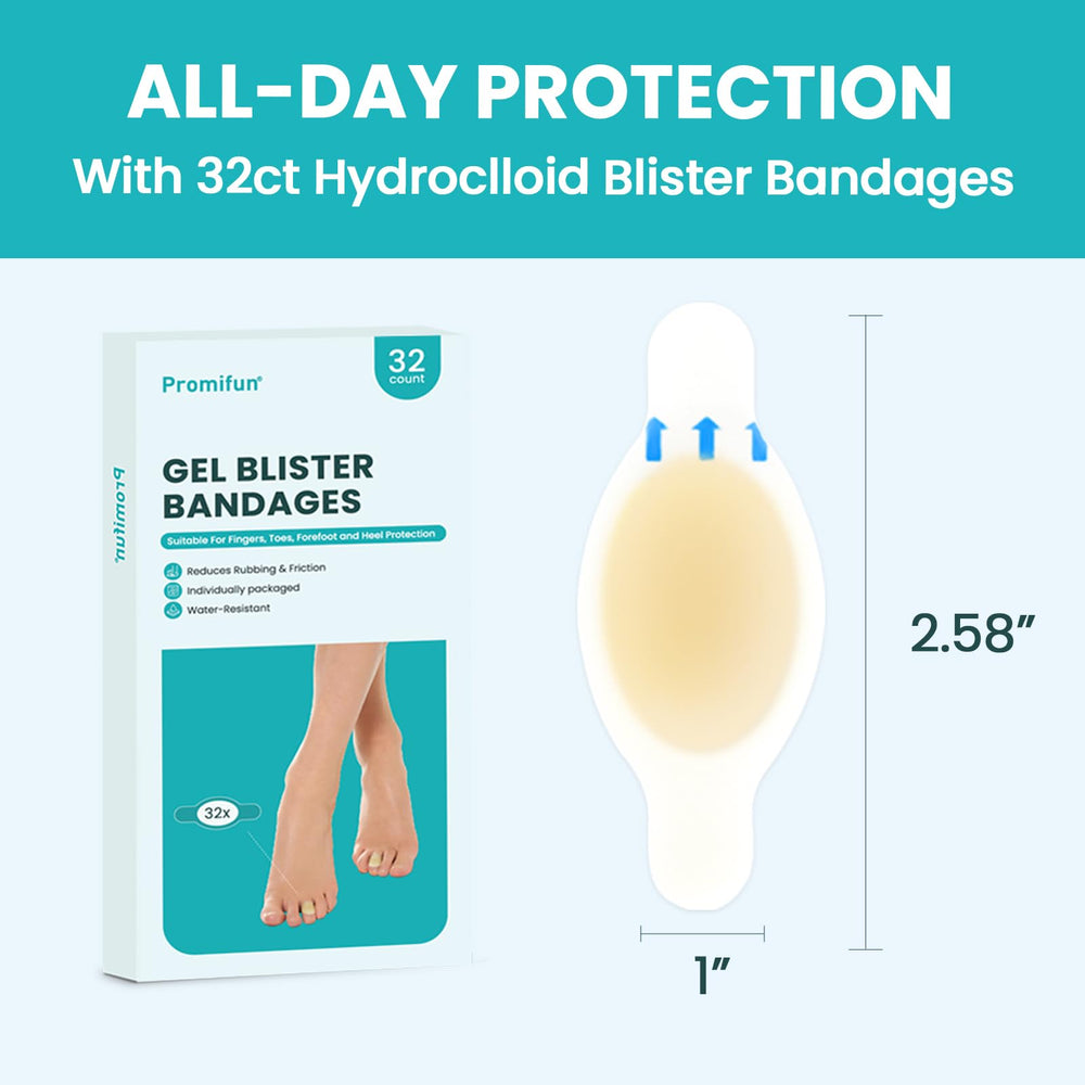 Promifun multi-size blister bandages fit heel, toe, foot, and fingers.