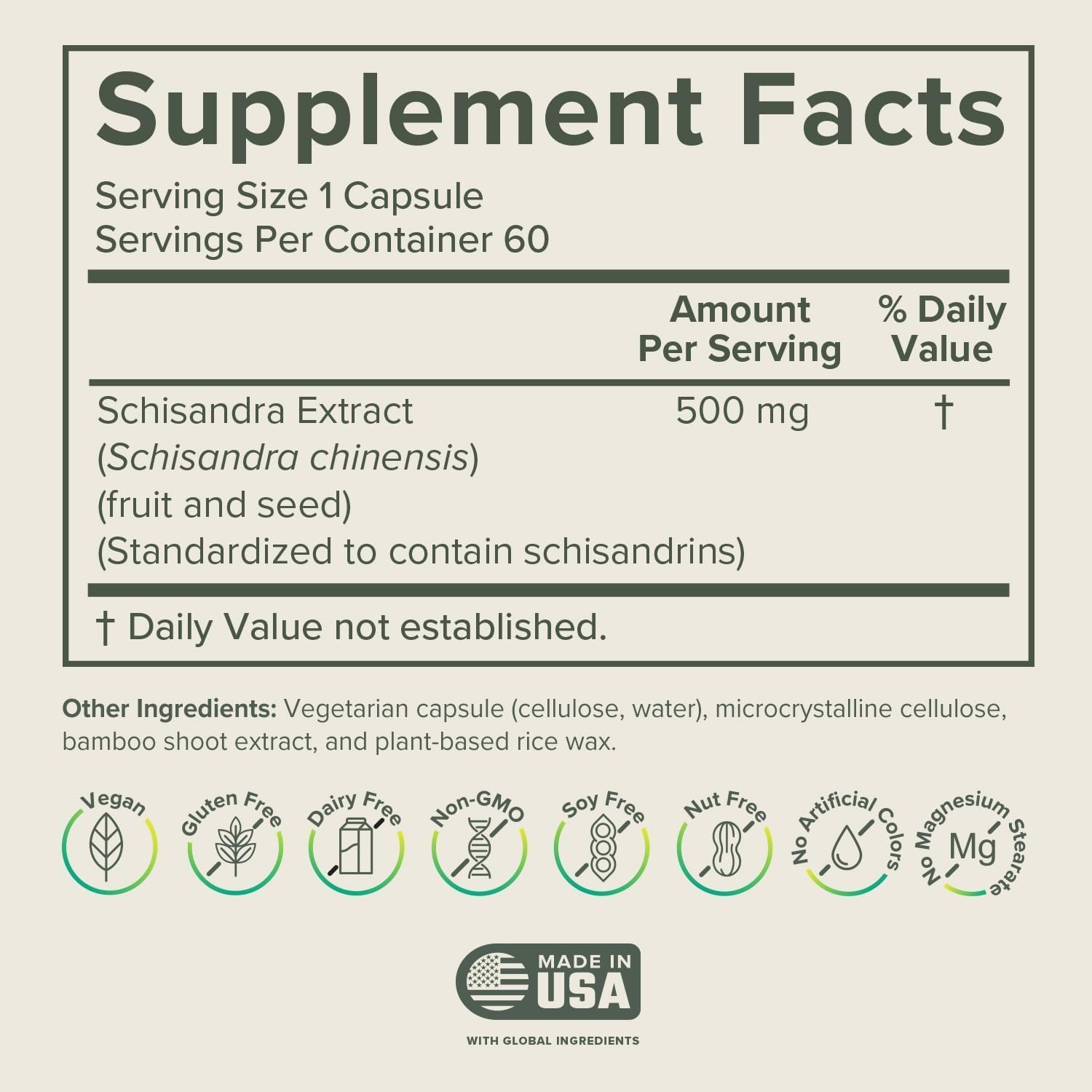 Prominent Nutrition Schisandra capsules closeup highlights pure berry extract.