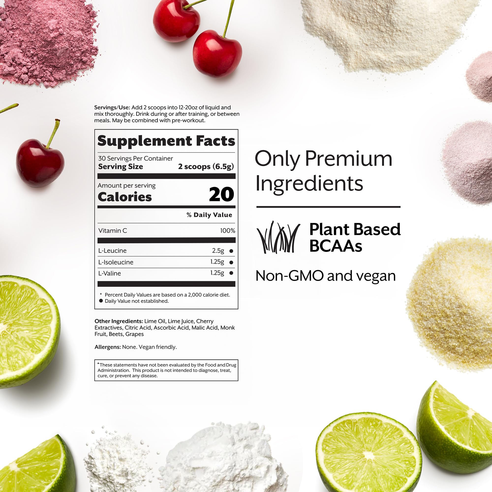 Promix BCAA Cherry Lime powder close-up showing plant-based formula.