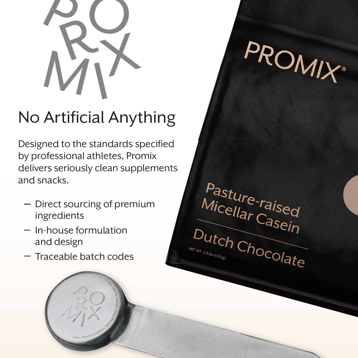 Promix Nutrition Casein Powder label close-up highlighting gluten-free and soy-free ingredients