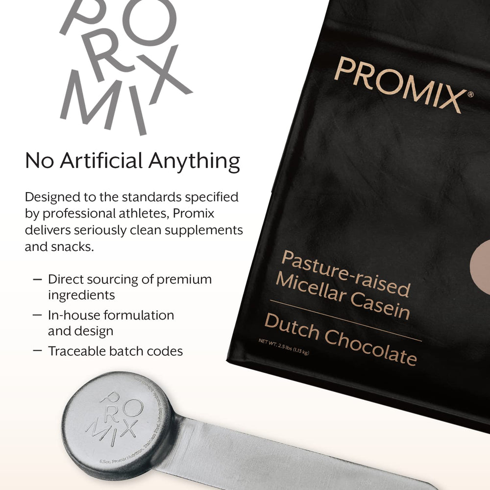 Promix Nutrition Casein Powder label close-up highlighting gluten-free and soy-free ingredients