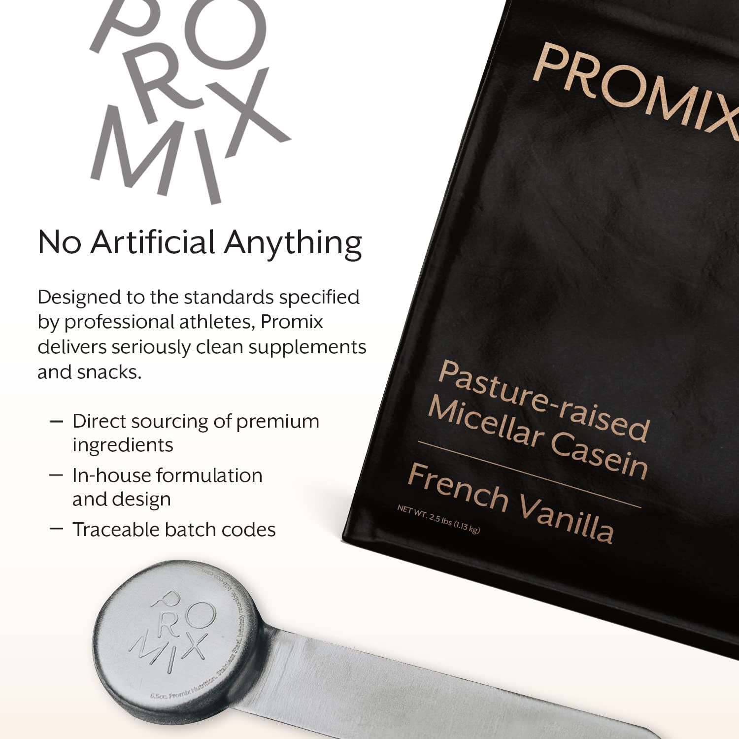 Promix Nutrition Casein Vanilla Pouring Closeup—low sugar, high-quality protein for any plan.