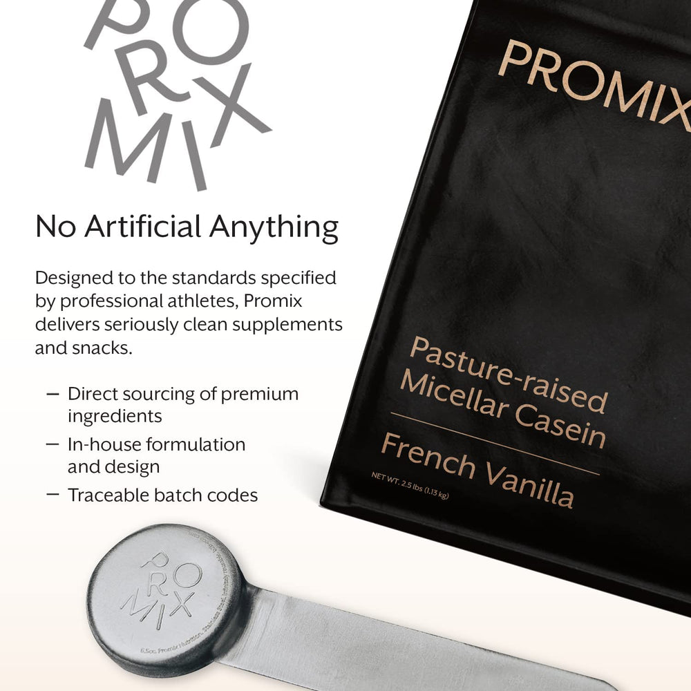 Promix Nutrition Casein Vanilla Pouring Closeup—low sugar, high-quality protein for any plan.