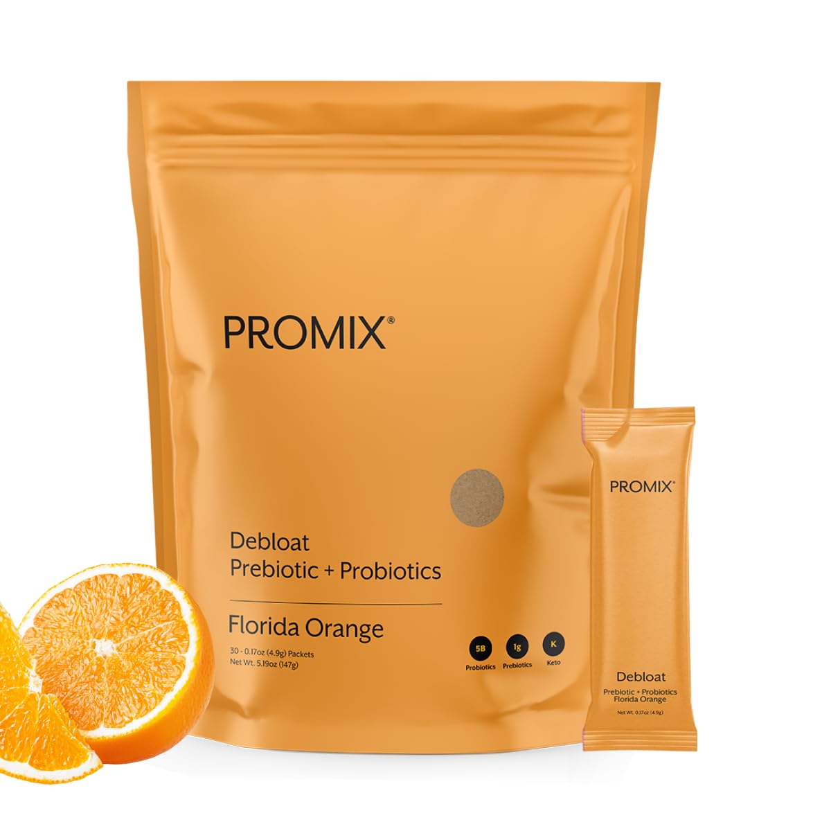 ProMix Nutrition Debloat bottle label with orange flavor and gut-friendly ingredients.