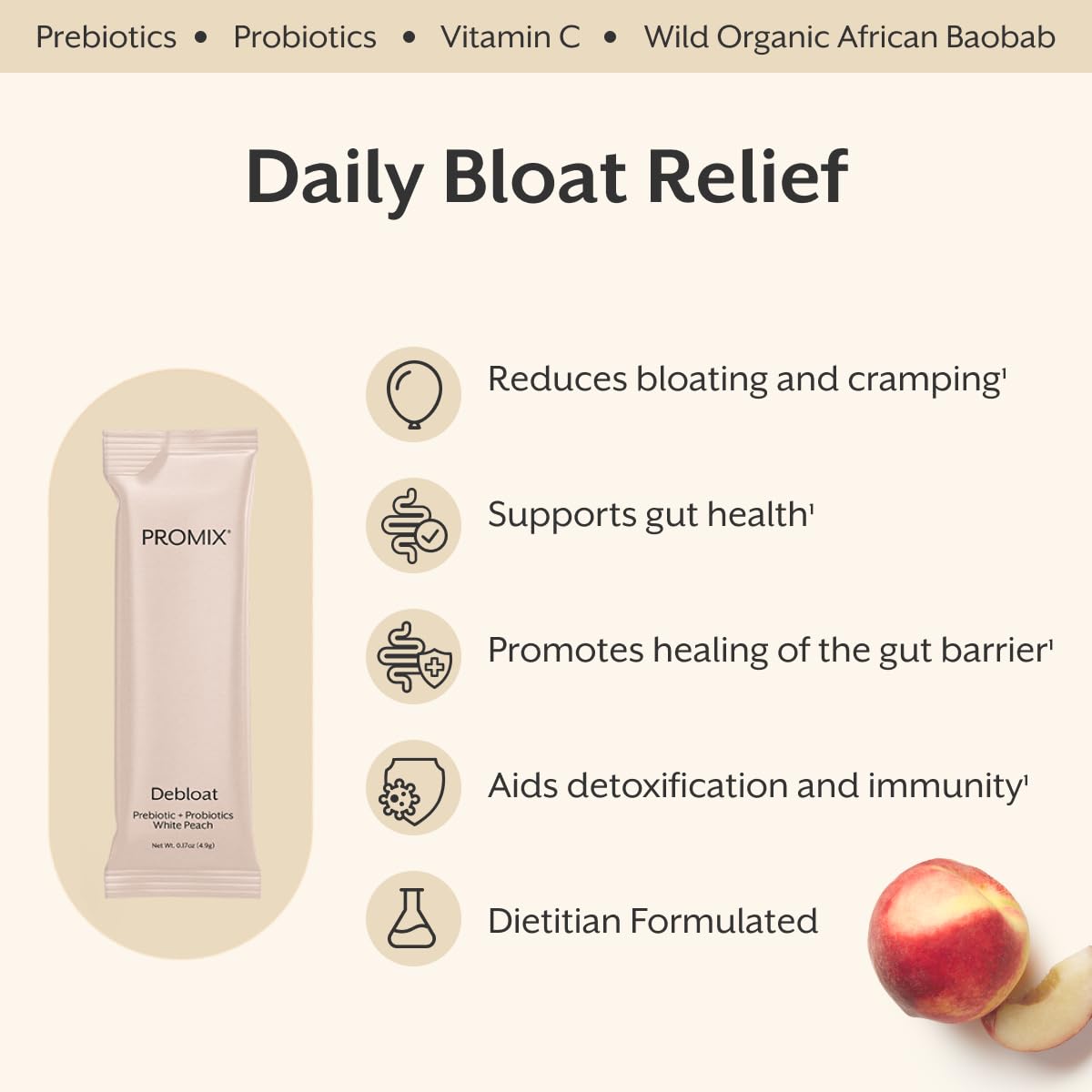 Promix Nutrition Debloat bottle label shows probiotic strains and baobab fiber benefits