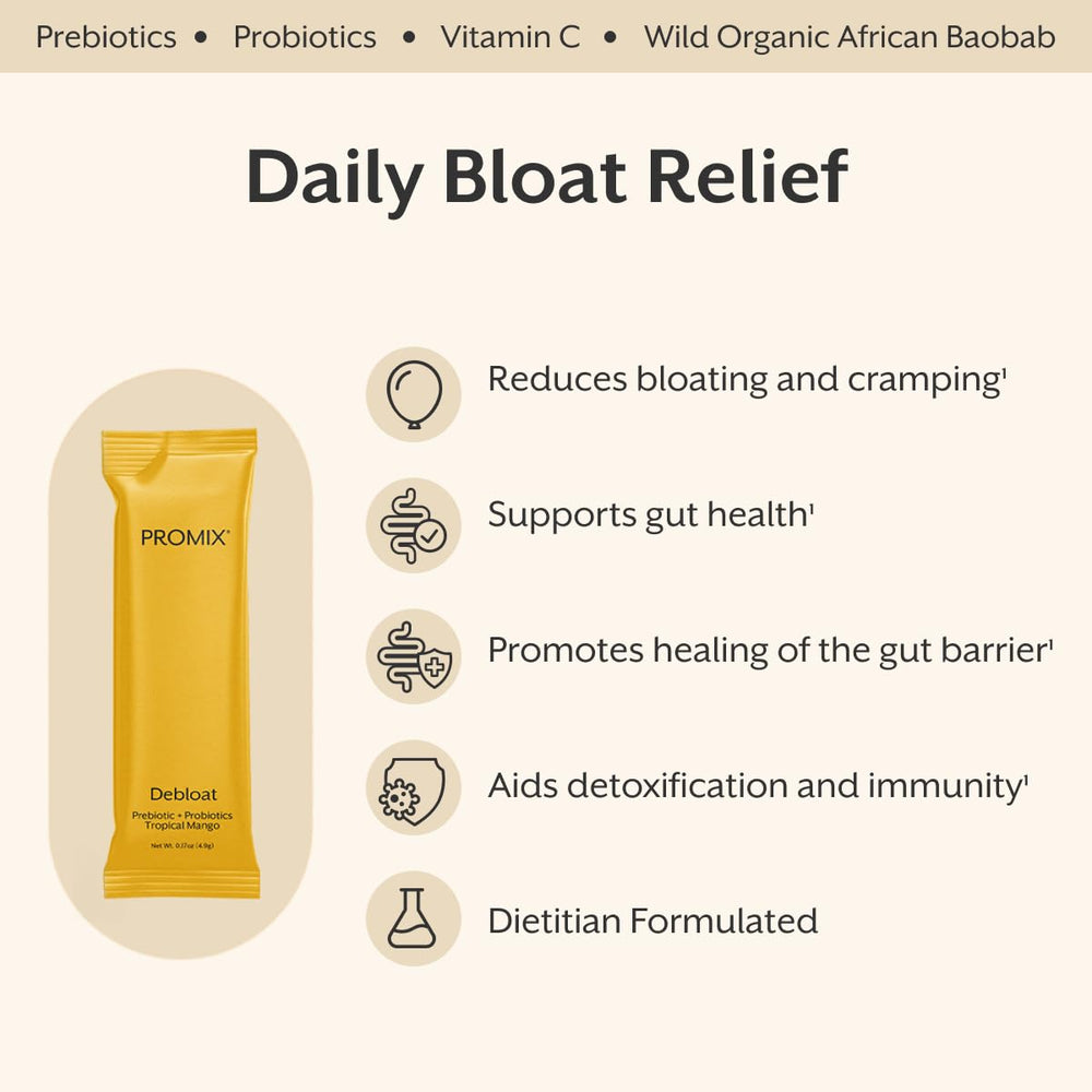 Promix Nutrition Debloat bottle pour showing serving size for daily gut relief