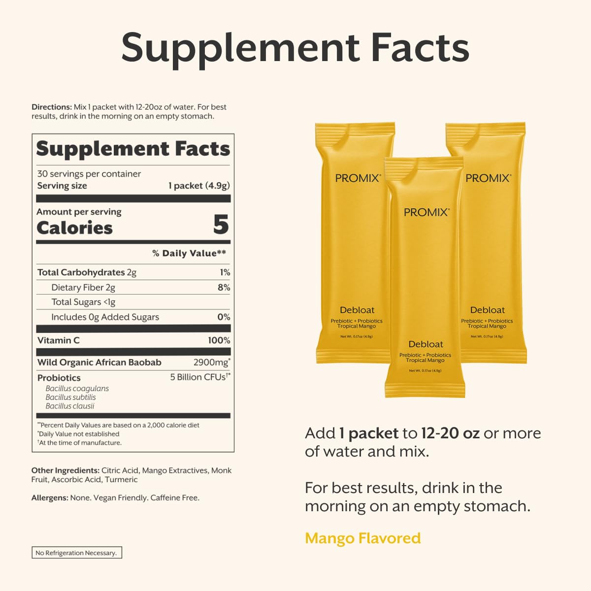 Promix Nutrition Debloat ingredients panel emphasizing clean, allergen-free formulation