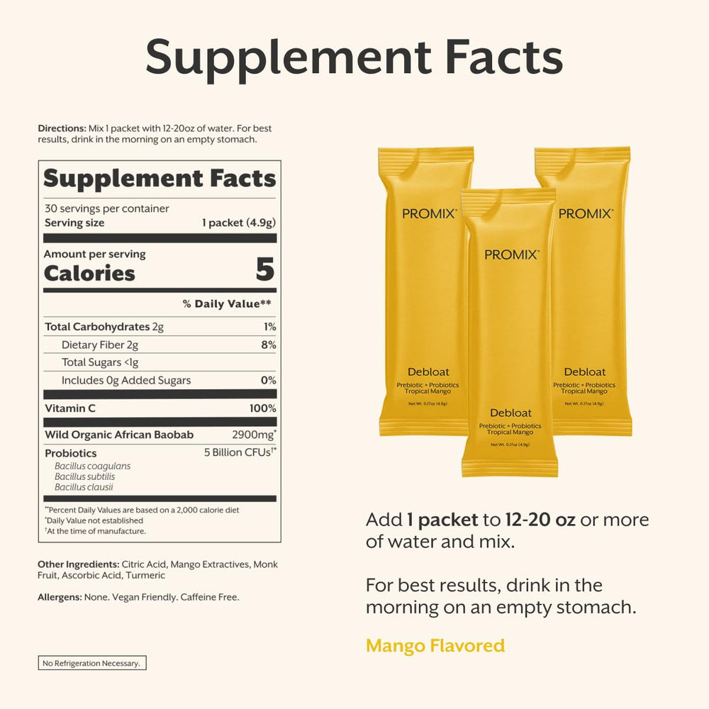 Promix Nutrition Debloat ingredients panel emphasizing clean, allergen-free formulation