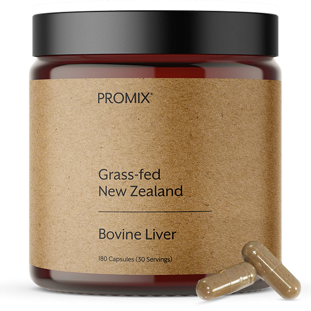 Promix Nutrition grass-fed raw beef liver supplement bottle ideal for daily capsules