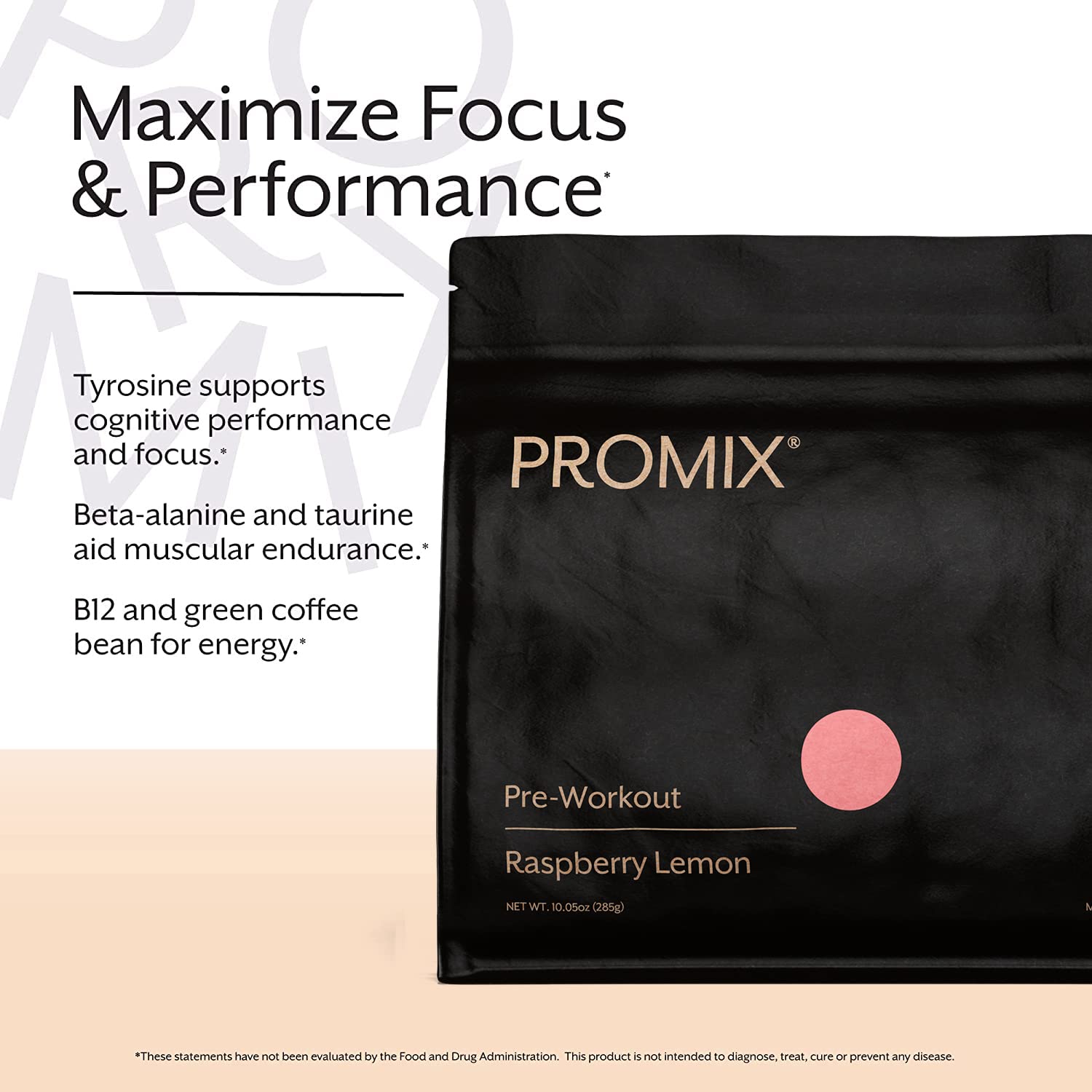 Promix Nutrition Pre-Workout Raspberry Lemon bottle closeup showing caffeine source.