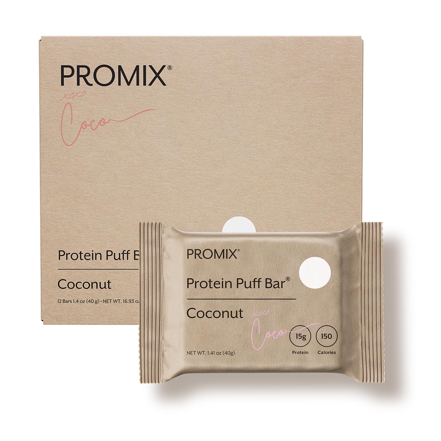 ProMix Protein Puff Bars coconut front box for on-the-go energy and taste