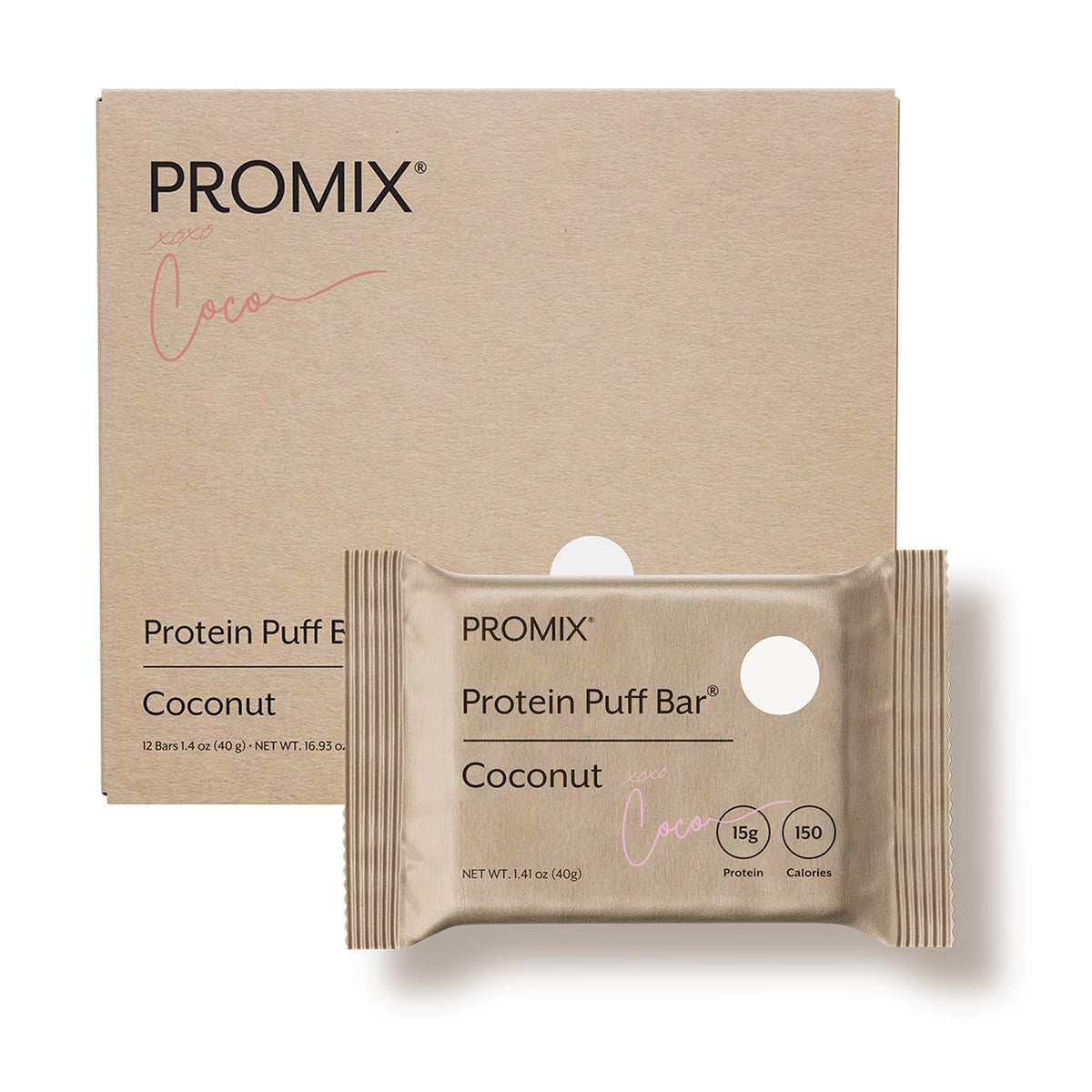 ProMix Protein Puff Bars coconut front box for on-the-go energy and taste