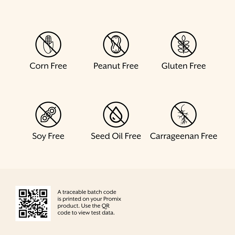 Promix packaging highlights gluten-free, soy-free, corn-free claims for mindful snacking.