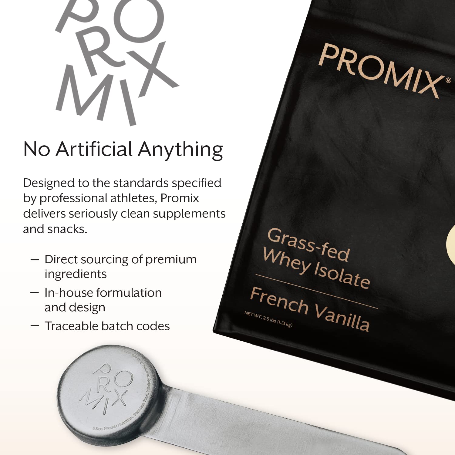 ProMix Nutrition vanilla protein scoop demonstrating easy measuring.