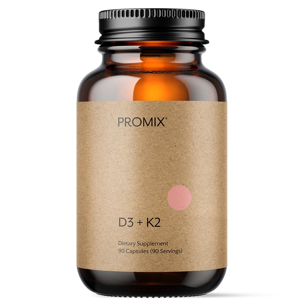 ProMix Nutrition Vitamin D3 K2 5000IU bottle on shelf showing the product for bone and immune support.