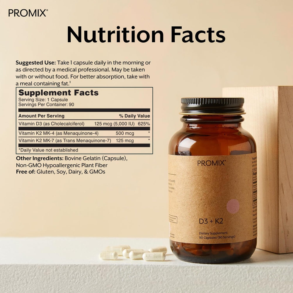 Close-up of ProMix Nutrition Vitamin D3 K2 5000IU capsules highlighting clean formulation.