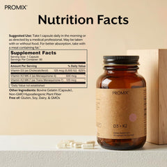 Close-up of ProMix Nutrition Vitamin D3 K2 5000IU capsules highlighting clean formulation.