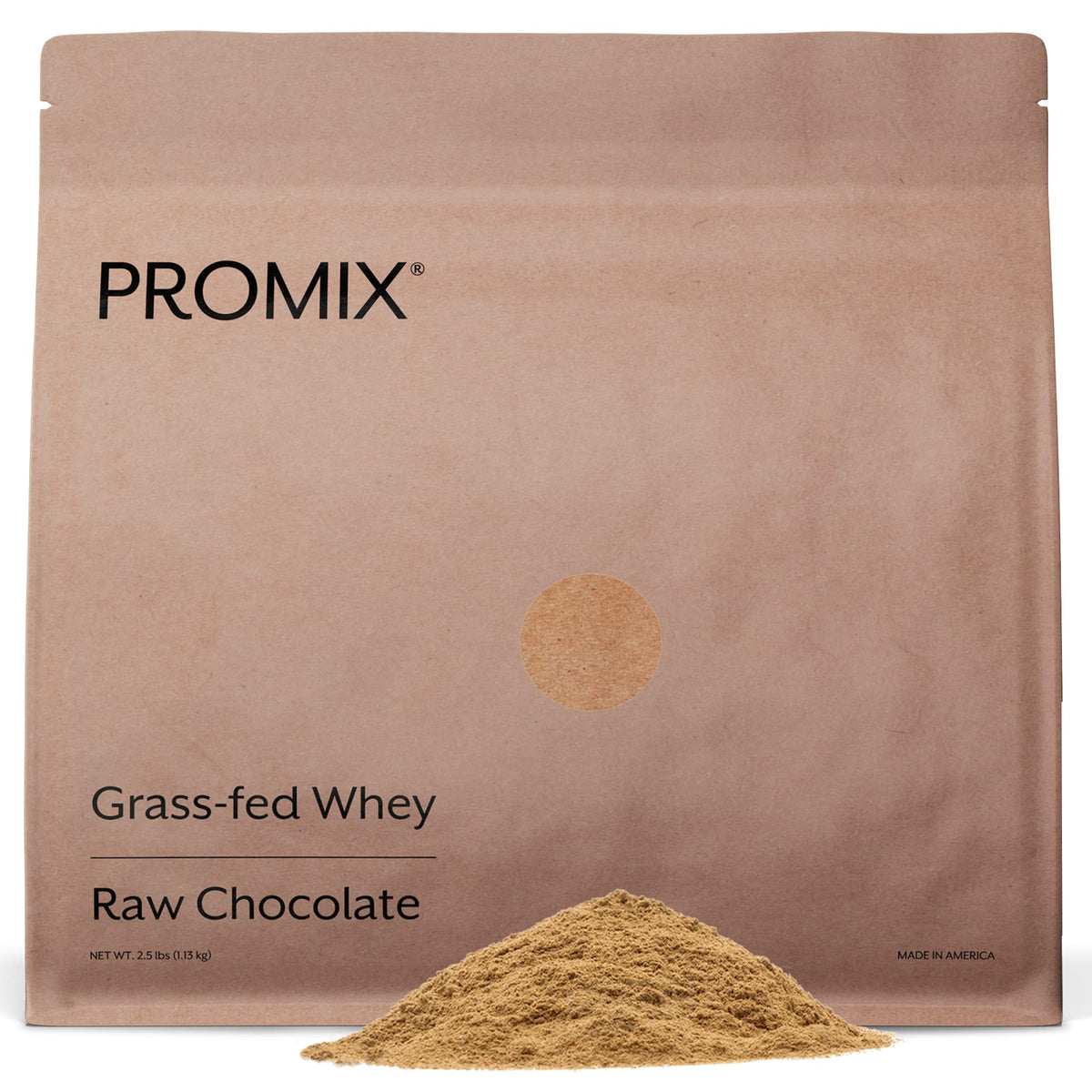 Promix Nutrition whey protein powder chocolate tub showing grass-fed origin and clean fueling benefits