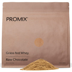 Promix Nutrition whey protein powder chocolate tub showing grass-fed origin and clean fueling benefits