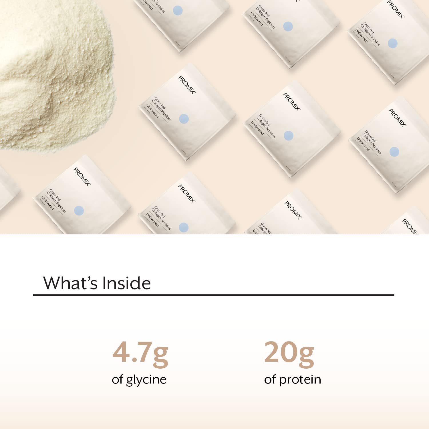 Promix unflavored collagen powder serving scoop ready for shakes and smoothies.
