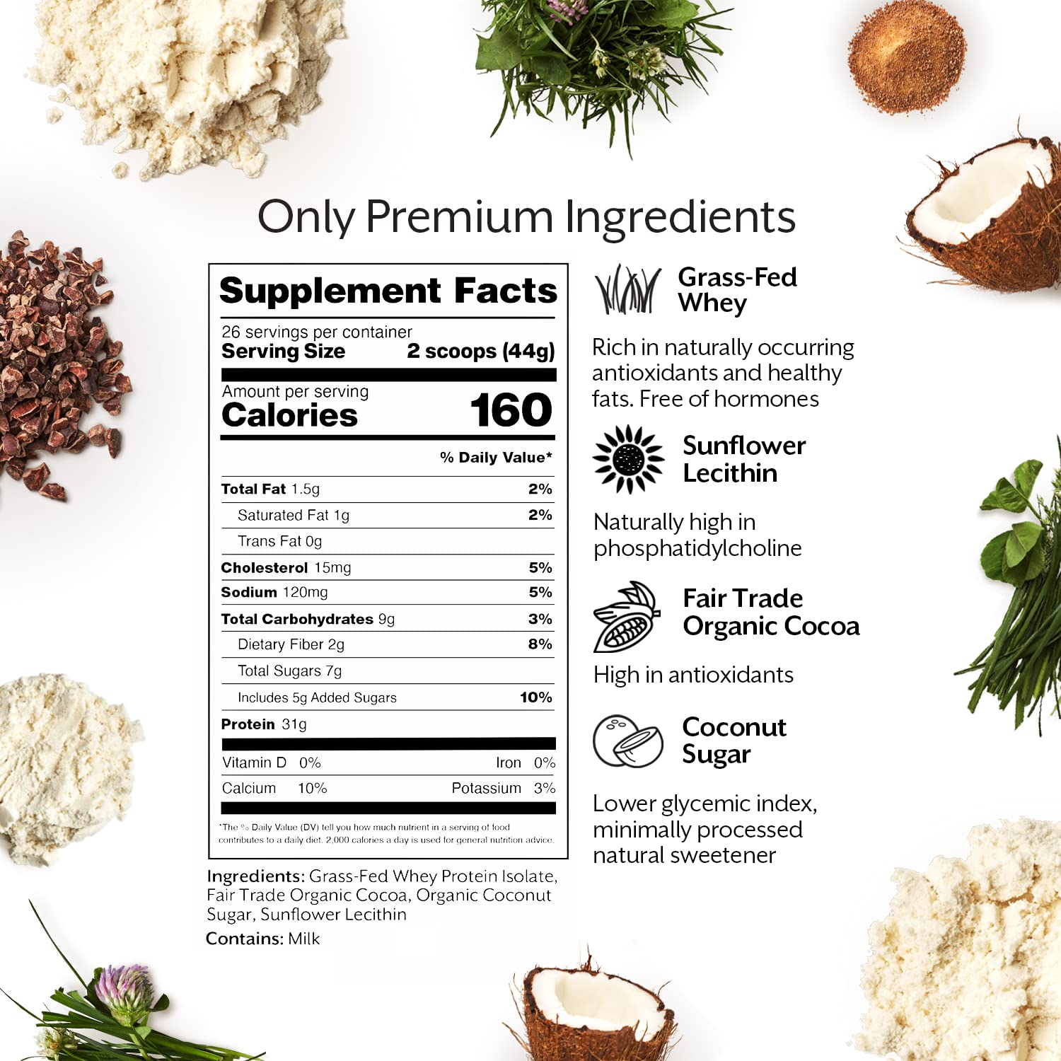 Promix Whey Isolate Chocolate grass-fed cows badge signaling clean protein.
