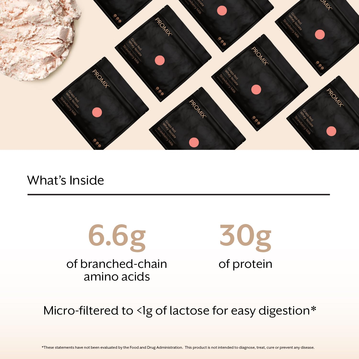 Promix Whey Isolate ingredients in glass bowl on a clean workspace.