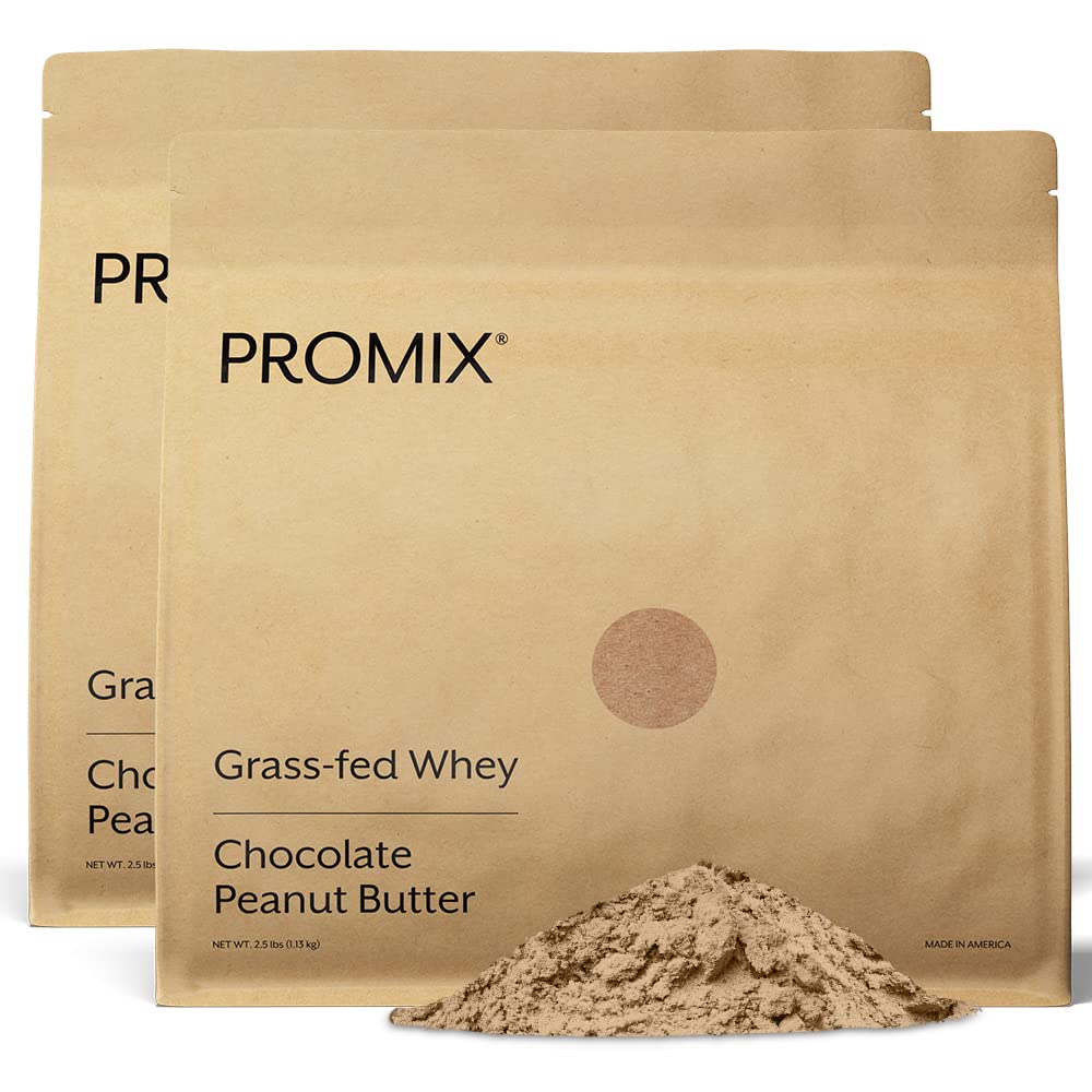 Promix Nutrition whey protein powder chocolate peanut butter bag showcasing grass-fed formula for high-protein nutrition.