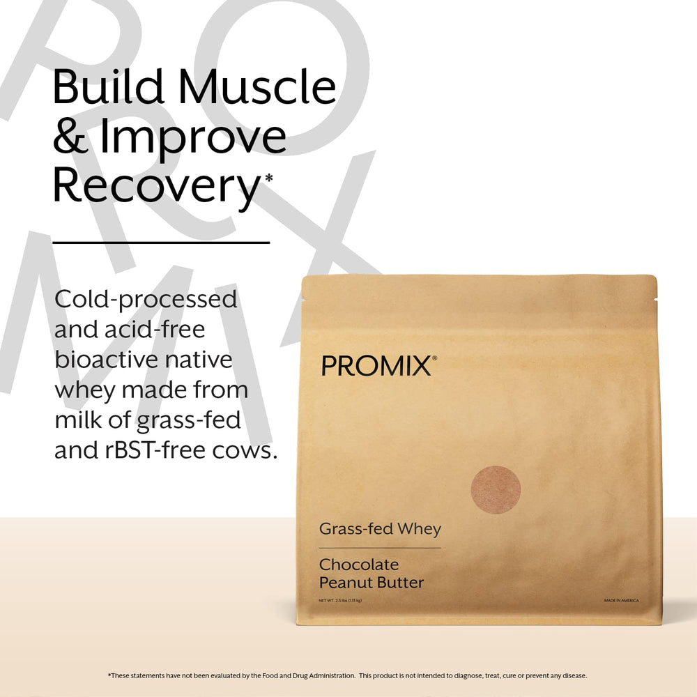 Promix chocolate peanut butter powder beside blender enables creamy shakes.
