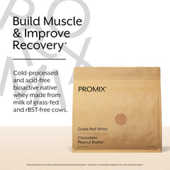 Promix chocolate peanut butter powder beside blender enables creamy shakes.