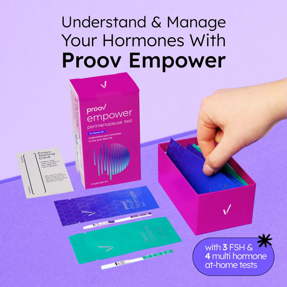 Proov Empower test strips for FSH, LH, PdG, and E1G measurement at home.