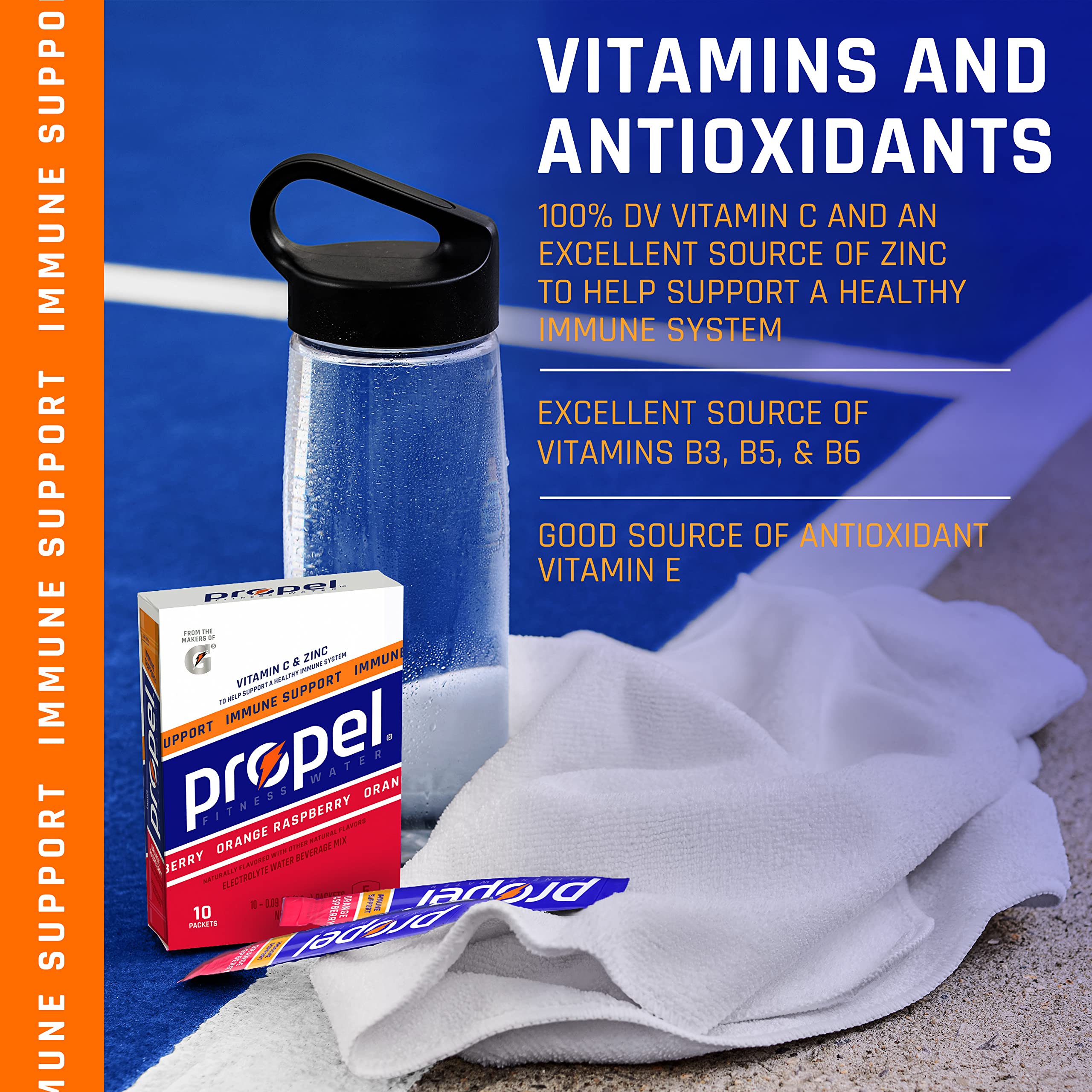 Propel Immune Support Powder Lemon Blackberry close-up label highlighting flavor.