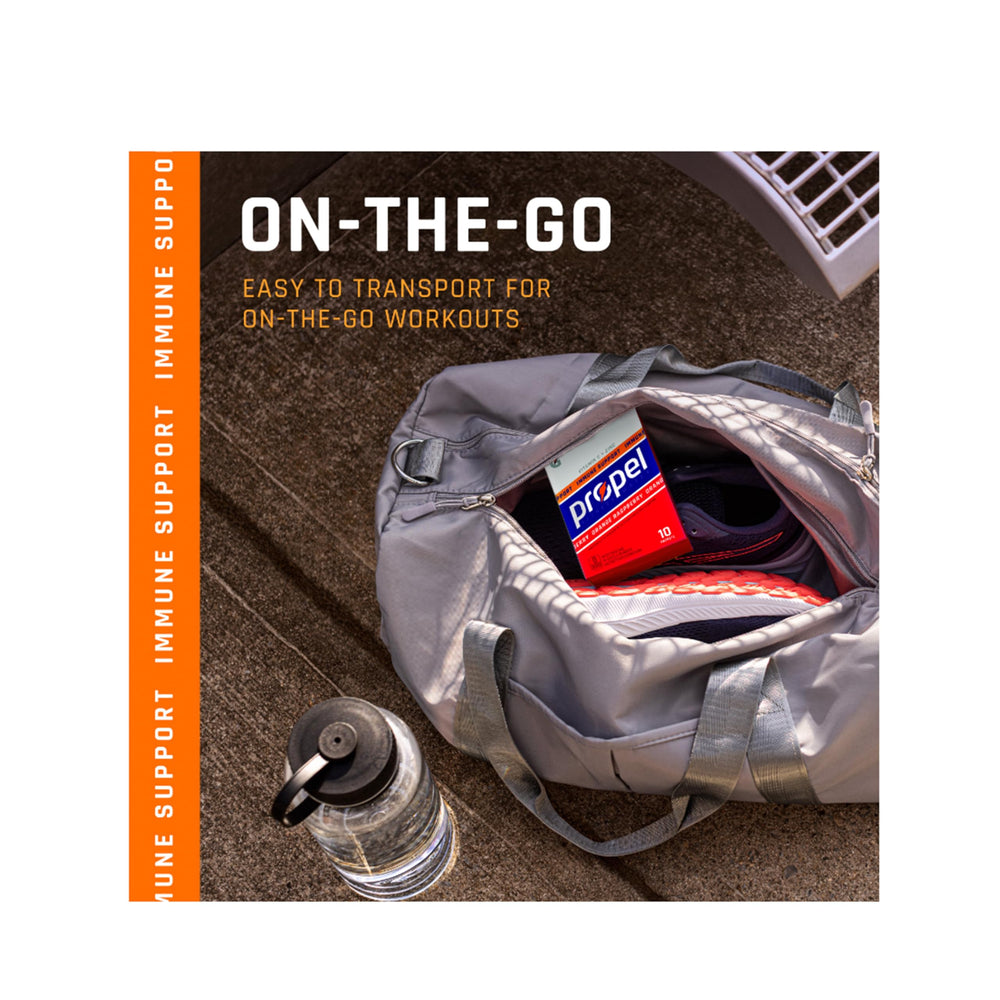 Propel Immune Support Powder Lemon Blackberry on a store shelf, easy to grab.