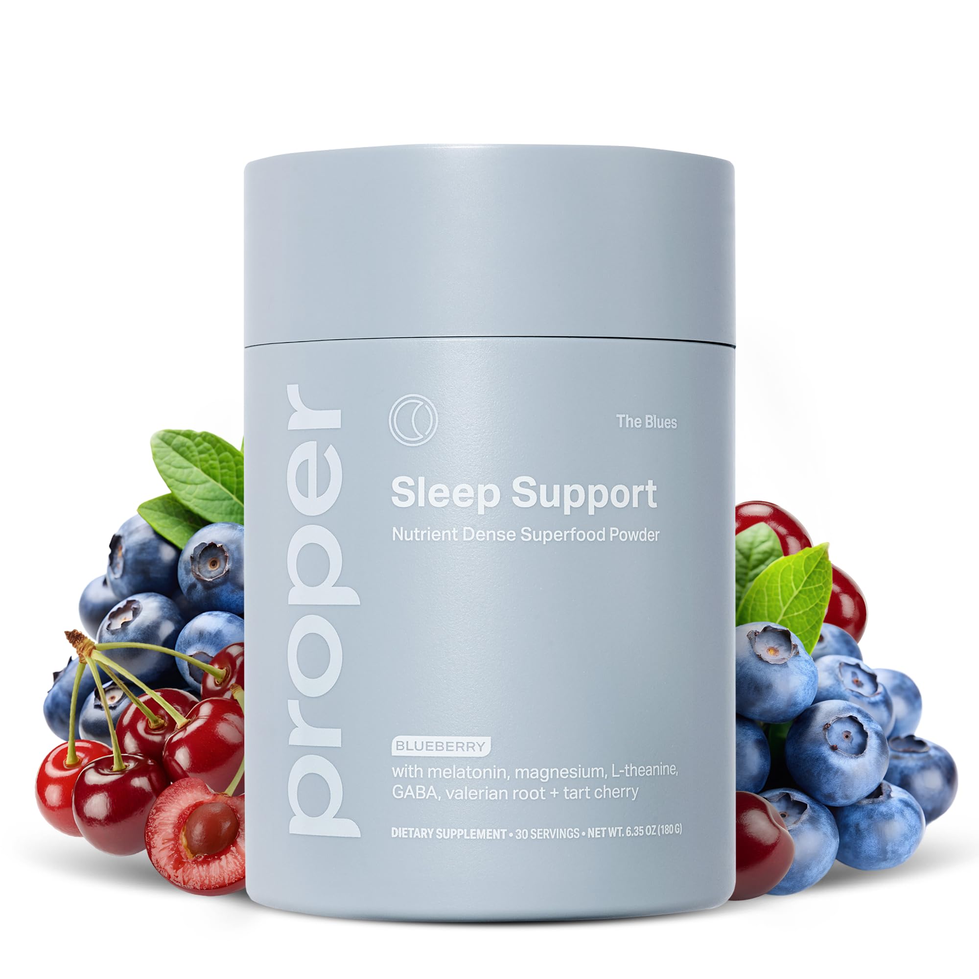 Proper Blues Sleep Aid powder tub close-up highlighting blueberry flavor for nighttime calm.