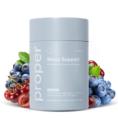 Proper Blues Sleep Aid powder tub close-up highlighting blueberry flavor for nighttime calm.